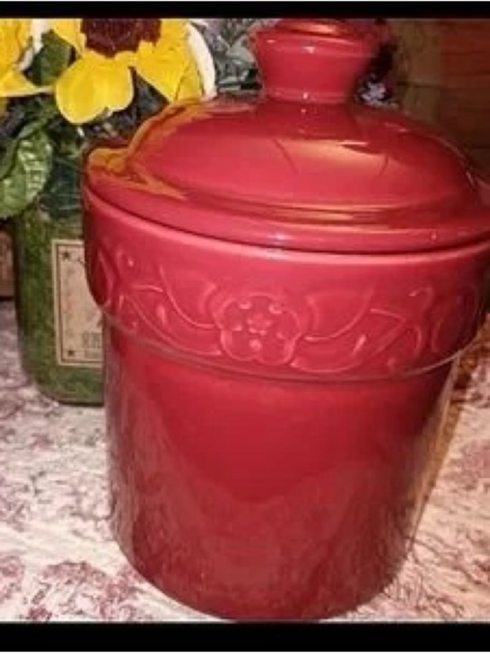 Red Ceramic Decorative Lidded Canister - Classic Floral Band
